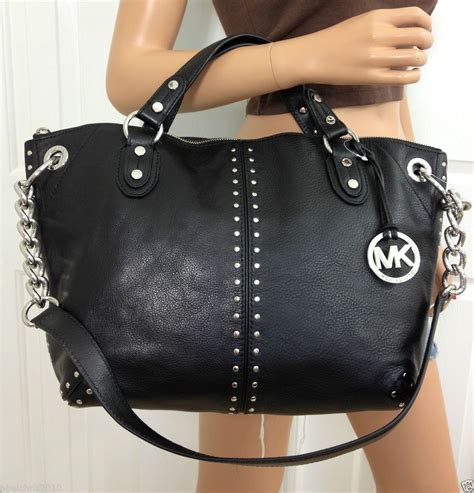 michael kors black and silver satchel|Michael Kors black shoulder handbags.